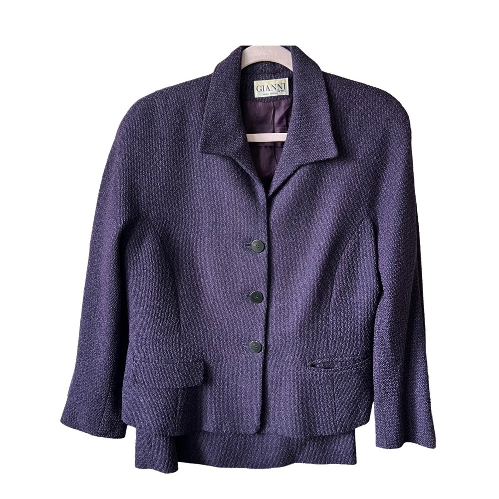 Gianni Petite Designer Purple Wool Jacket Size 14 & Skirt Size 12 Suit Set VTG
